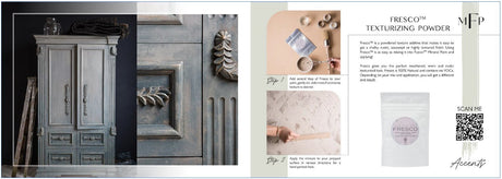 Blue-gray Fusion Mineral Paint cabinet beside Fusion Mineral Paint Product Guide and Fresco packaging.
