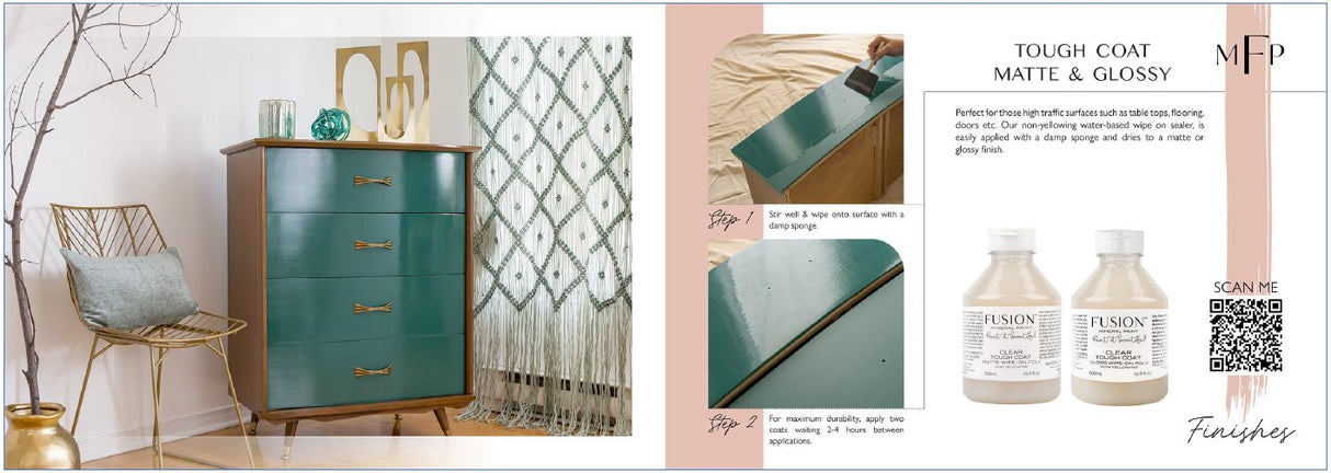 Teal dresser with gold handles, featuring Fusion Mineral Paint finish options: matte or glossy.