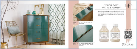 Teal dresser with gold handles, featuring Fusion Mineral Paint finish options: matte or glossy.