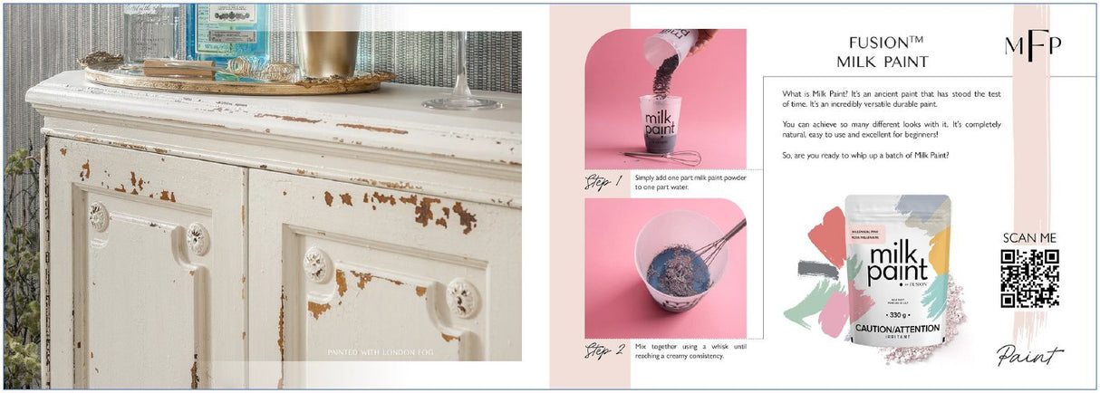 White dresser beside Fusion Mineral Paint Product Guide, paint tips sheet, and a QR code.