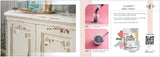 White dresser beside Fusion Mineral Paint Product Guide, paint tips sheet, and a QR code.