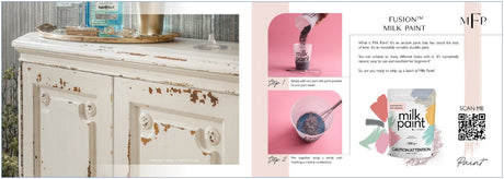 White dresser beside Fusion Mineral Paint Product Guide, paint tips sheet, and a QR code.