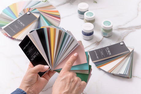 Fusion Mineral Paint True Color Fan Deck & Add-Ons with Fusion Mineral Paint jars nearby.