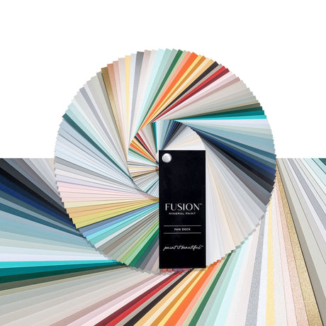 Fusion Mineral Paint True Color Fan Deck & Expansions with color cards arranged in a spiral fan pattern.