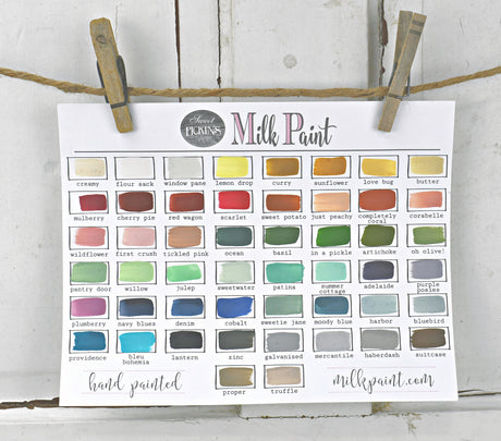 Chart with 42 labeled Galvanized – Sweet Pickins Milk Paint swatches by Old Fashioned Milk Paint on a string.