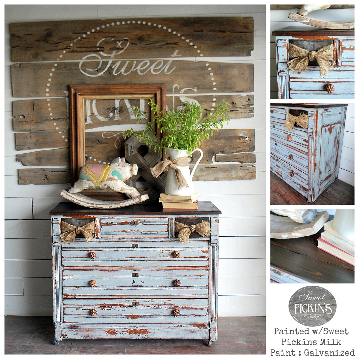 Blue dresser in Galvanized by Old Fashioned Milk Paint, decor accents on top, wood wall art, detail shots at right.