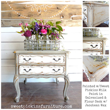 Galvanized side table in VOC-free Old Fashioned Milk Paint with 2 drawers and basket of flowers, multiple angles shown.