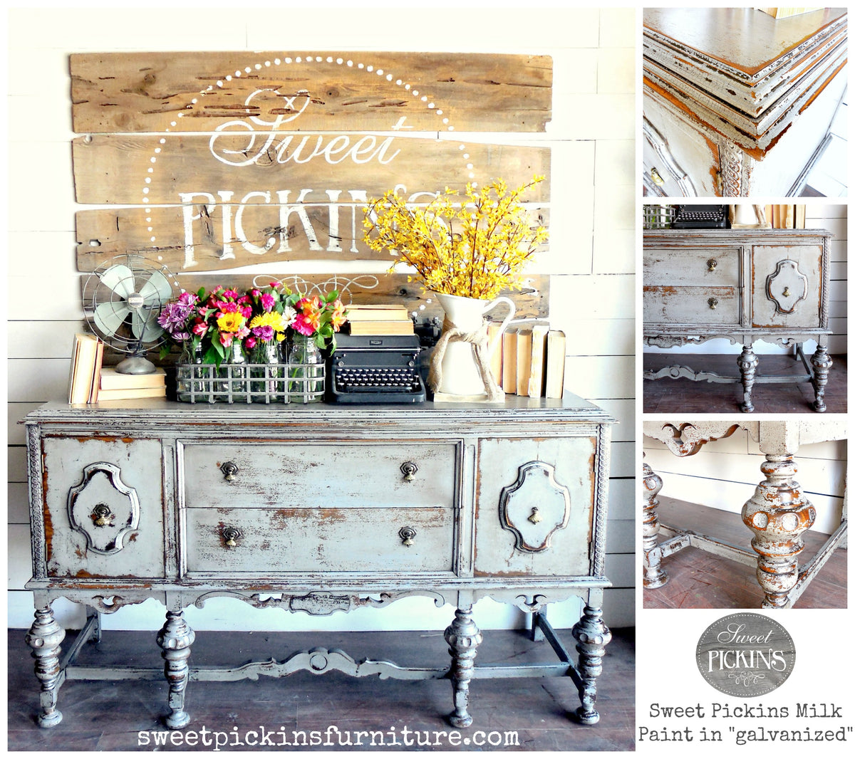 Vintage wooden sideboard in Galvanized Old Fashioned Milk Paint, topped with florals, books, and rustic decor.