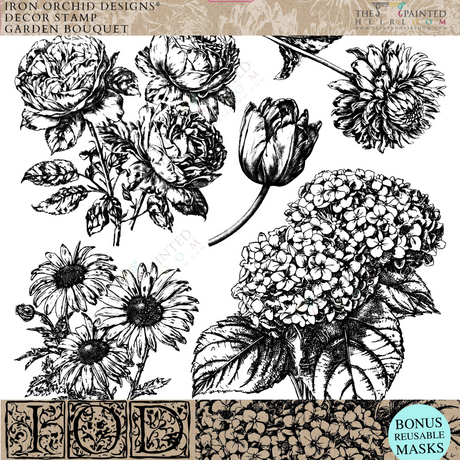 I.O.D. Garden Bouquet Stamp with black and white peonies, tulips, sunflowers by Iron Orchid Designs.