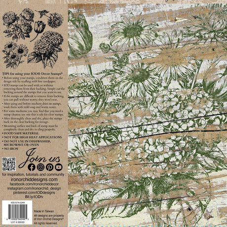 I.O.D. Garden Bouquet Stamp by Iron Orchid Designs for soft surfaces; seal with water-based topcoat; not dishwasher safe.