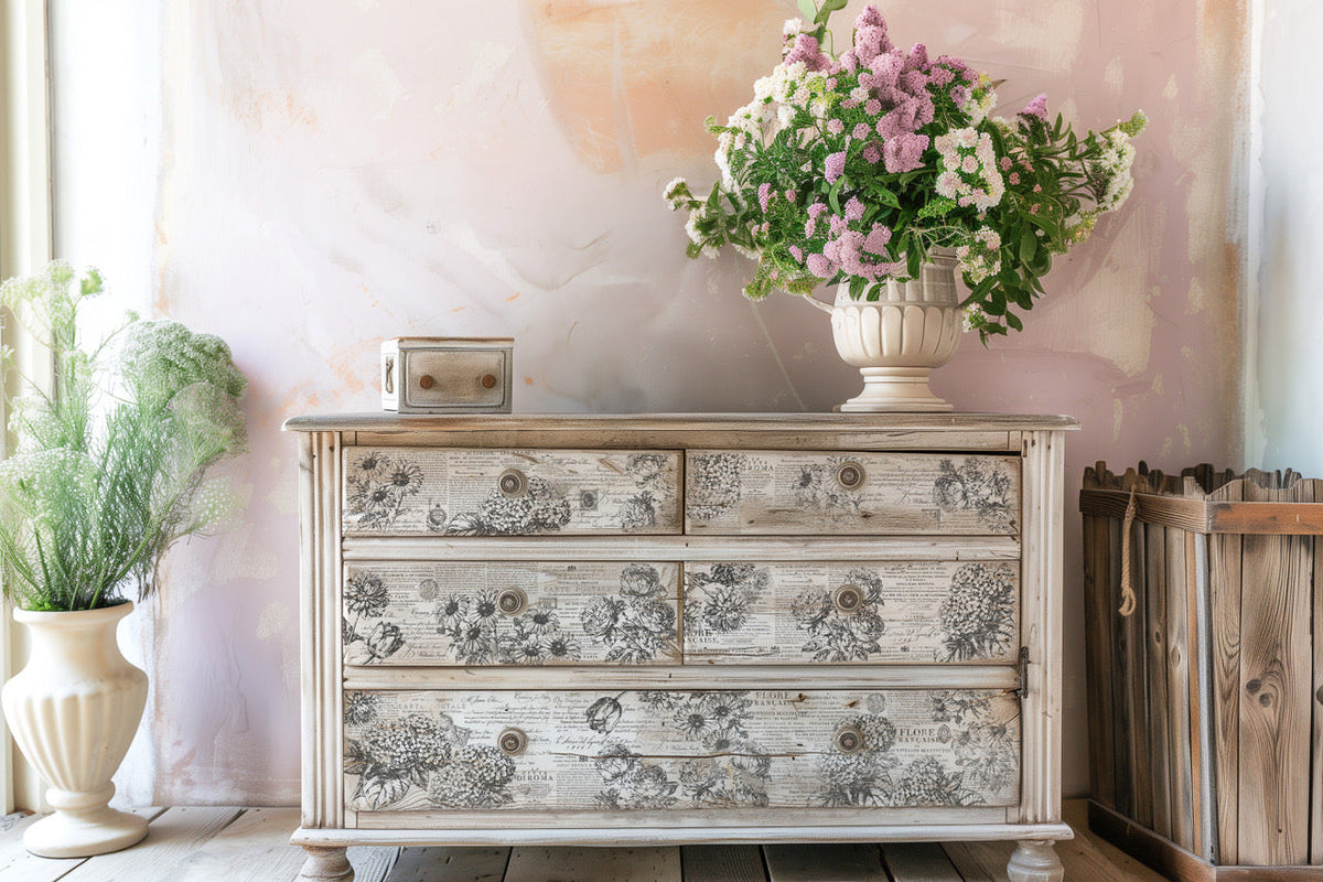 Dresser with DIY décor, I.O.D. Garden Bouquet Stamp details, and two potted plants on either side.