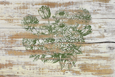Garden Bouquet Stamp by IOD on distressed wood boards, featuring floral art by Iron Orchid Designs.