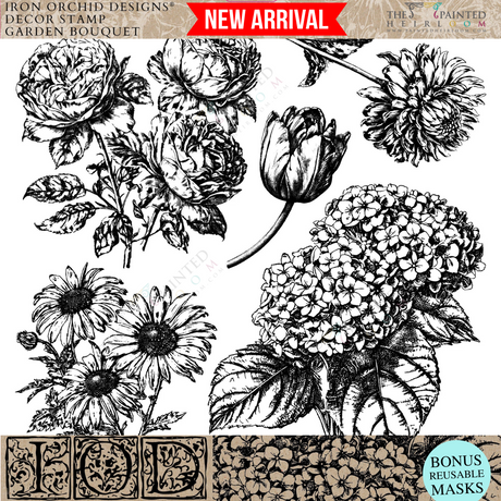 Black and white Garden Bouquet floral illustration from I.O.D. Iron Orchid Designs Stamp.