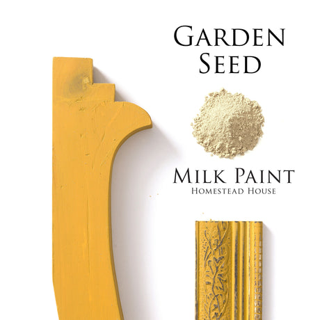 Yellow wood trim with a powder pile and Garden Seed Milk Paint by Homestead House.