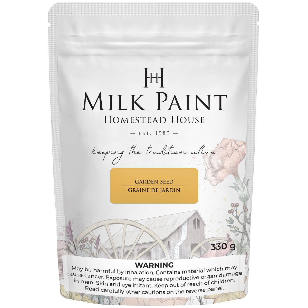330g Homestead House Garden Seed Milk Paint bag with floral and barn-themed packaging.