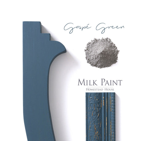 Homestead House Gaspe Green Milk Paint, blue-green wood finish with gray powder and ornate trim.