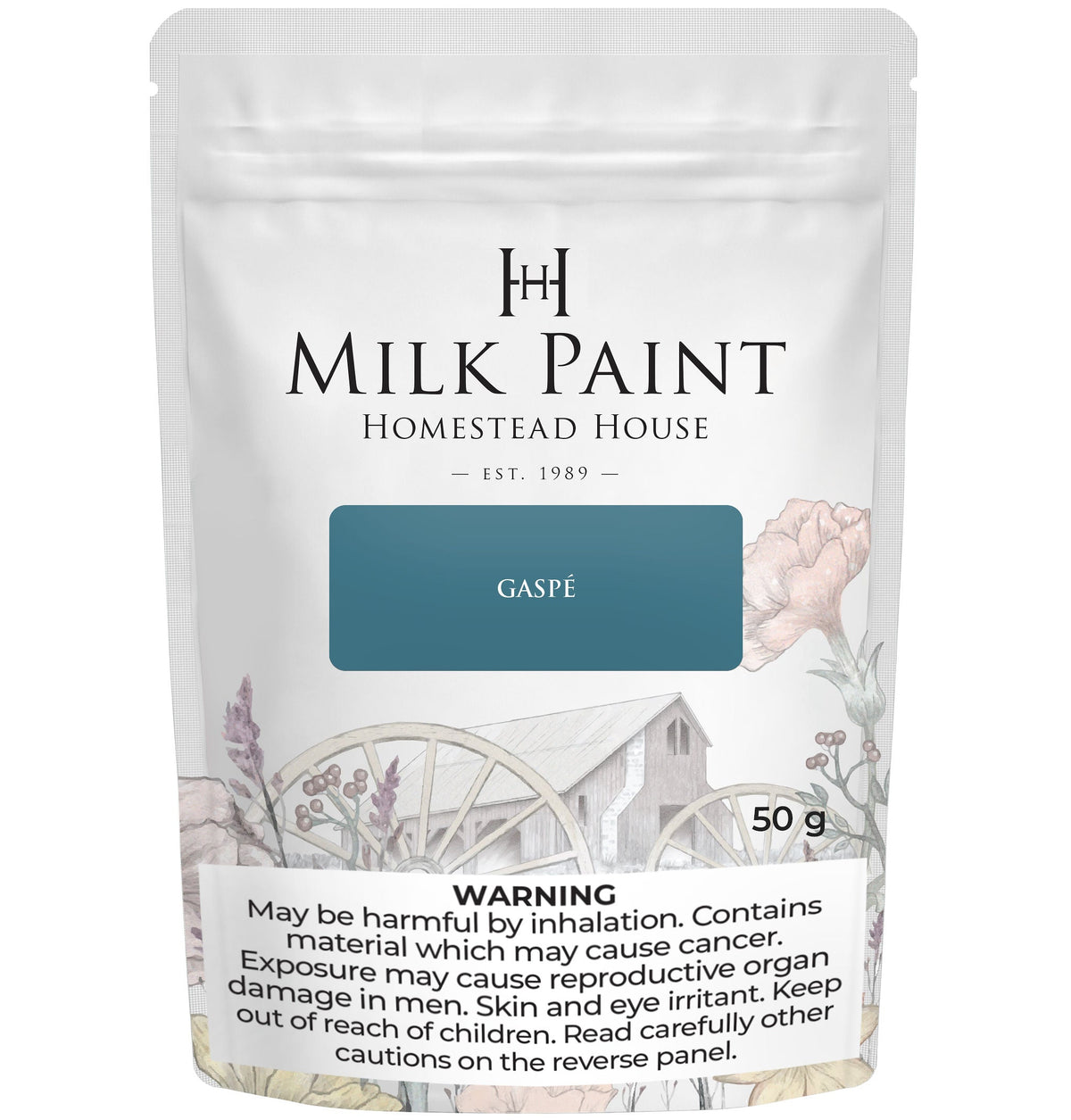 Gaspe Green Milk Paint by Homestead House, 50g bag with health warning label at the bottom.