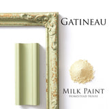 Distressed green frame finished with Homestead House Gatineau Milk Paint.