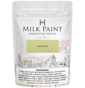 50g Gatineau Milk Paint by Homestead House pouch with floral, wagon art, and warning labels on the packaging.