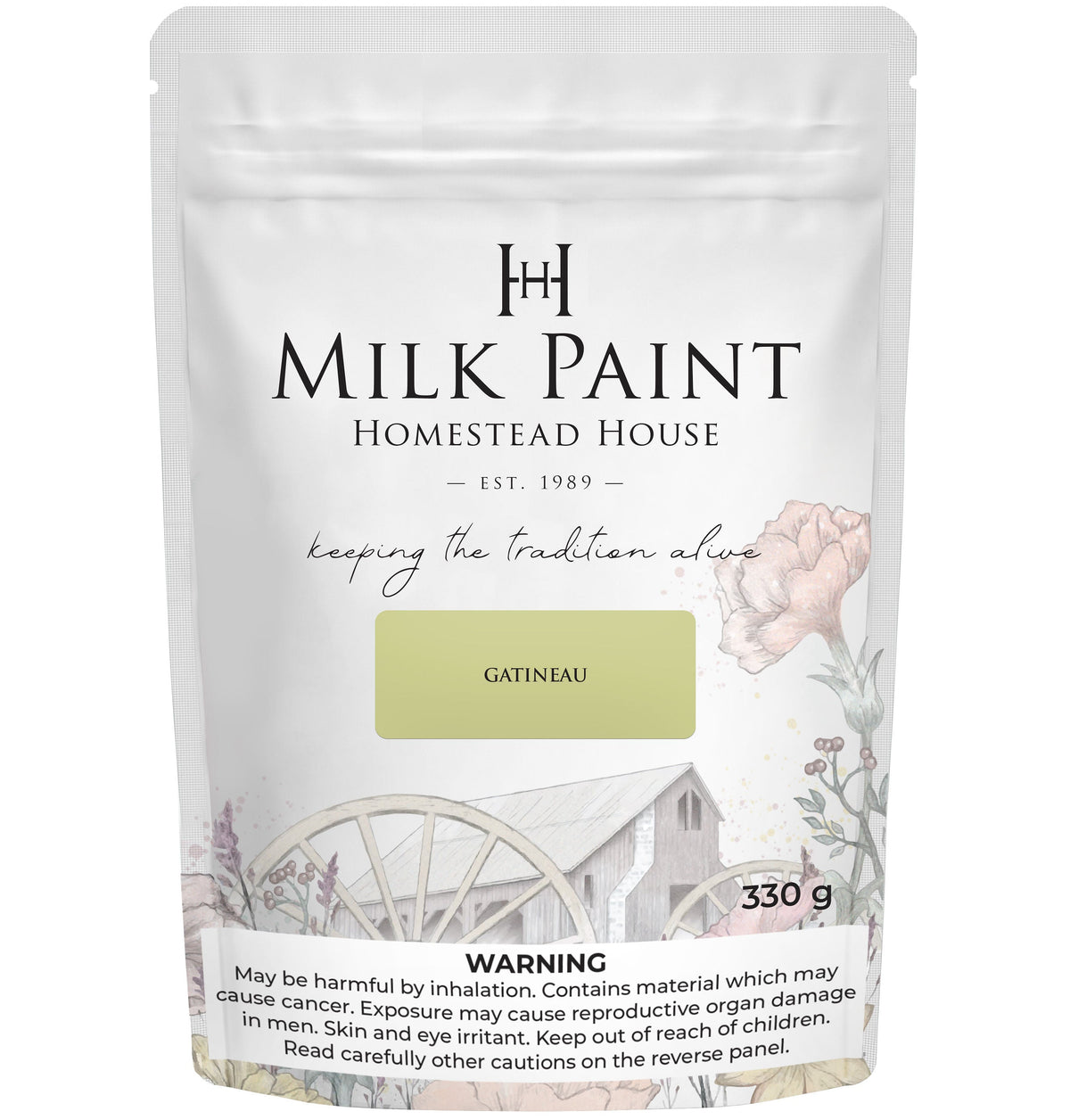 Homestead House Gatineau Milk Paint 330g bag with floral art and warning label on the front.