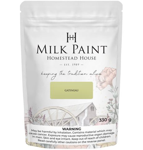 Homestead House Gatineau Milk Paint 330g bag with floral art and warning label on the front.