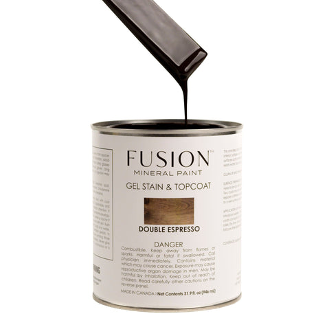 Fusion Mineral Paint Gel Stain & Top Coat in Double Espresso with stir stick showing dark gel finish.