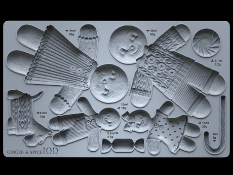 Ginger & Spice Mould (2023) by I.O.D. featuring labeled gingerbread people, cat, candy, and swirl shapes.