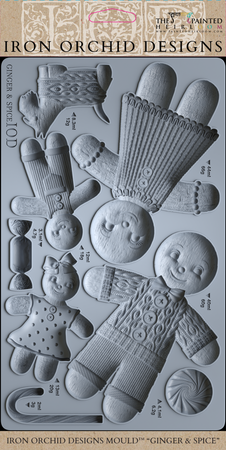 I.O.D. Ginger & Spice Mould (2023) with detailed gingerbread and candy shapes for festive crafting.