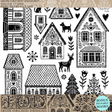 IOD Gingerbread Lane 2026 Stamp with black and white folk art houses, trees, and animals.