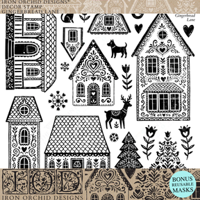 IOD Gingerbread Lane 2026 Stamp with black and white folk art houses, trees, and animals.