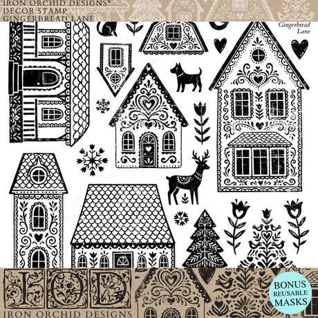 IOD Gingerbread Lane 2026 Stamp with black and white folk art houses, trees, and animals.