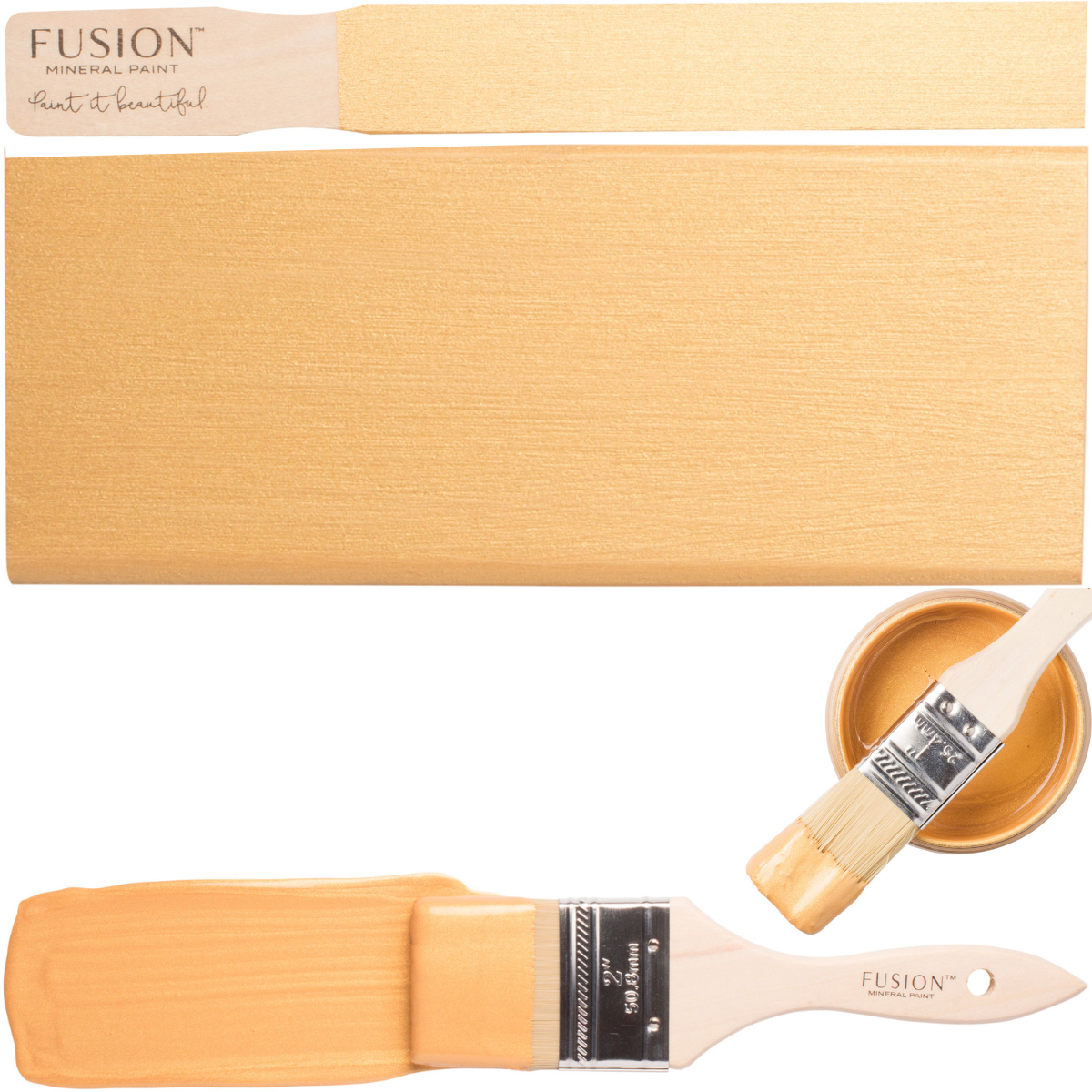 Brush, painted swatch, open can, and Gold Metallic Fusion Mineral Paint label by Fusion Mineral Paint displayed together.