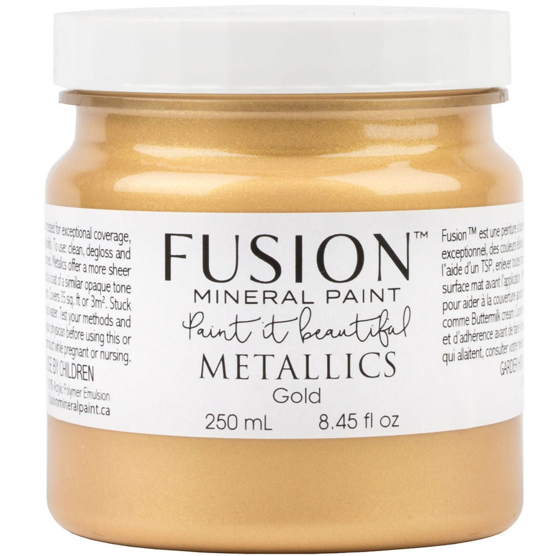 250 mL jar of Gold Metallic Fusion Mineral Paint with label showing product details.