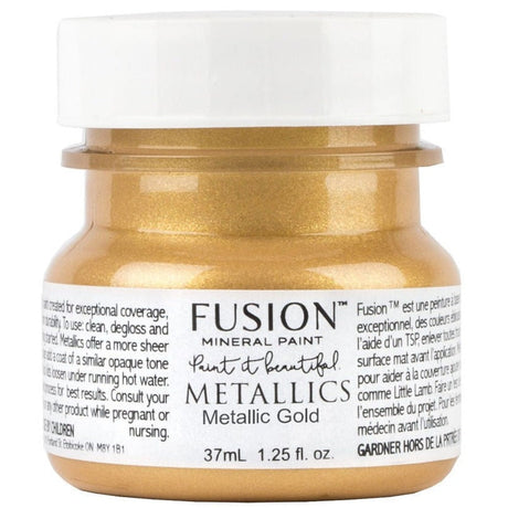 37ml jar of Gold Metallic Fusion Mineral Paint with label showing usage instructions.
