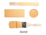 Gold Metallic Fusion Mineral Paint samples shown with brush, swatch, and labeled can.