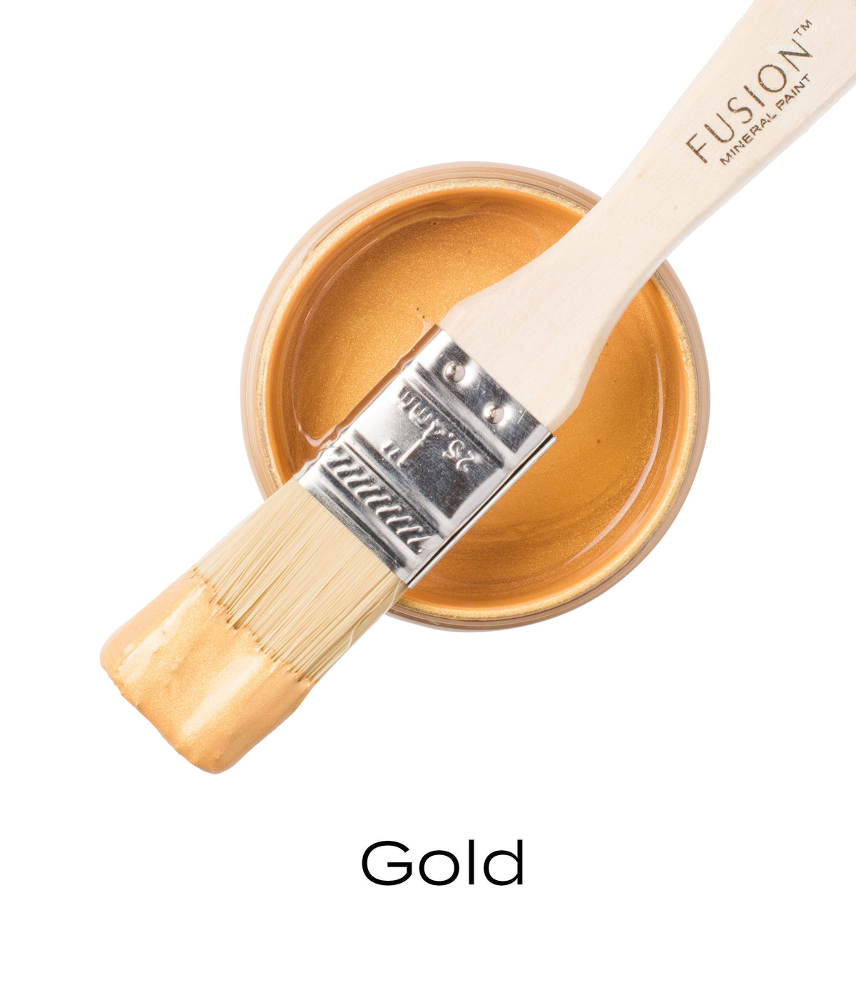 Fusion Mineral Paint Gold Metallic brush resting on open jar, top-down view with gold paint visible below.