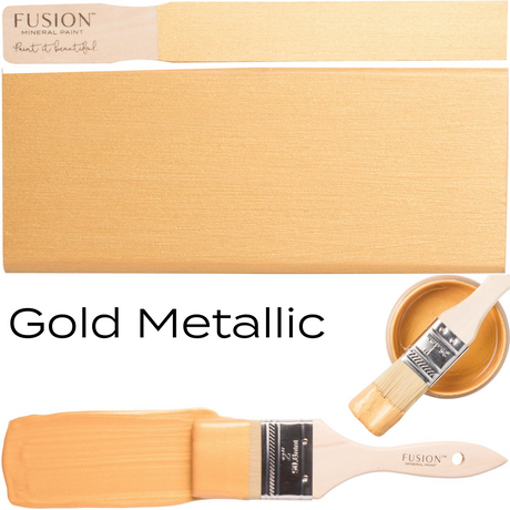 Gold Metallic Fusion Mineral Paint can with paintbrush, painted wood sample, and text reading “Gold Metallic.”.