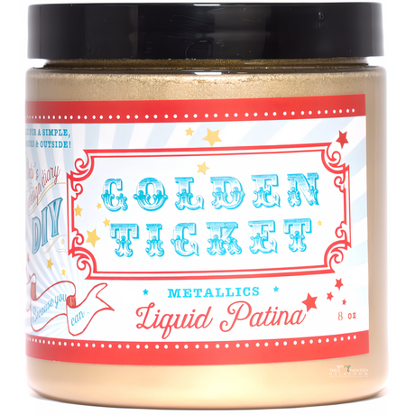 8 oz Golden Ticket DIY Paint Gold Liquid Patina by DIY Paint Co., black lid, vibrant label.