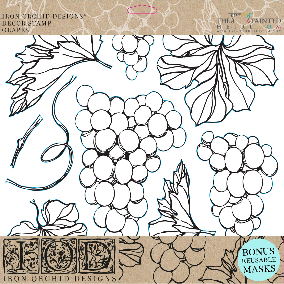 I.O.D. Grapes Stamp (Retired) by Iron Orchid Designs featuring black outline grape cluster designs on silicone.