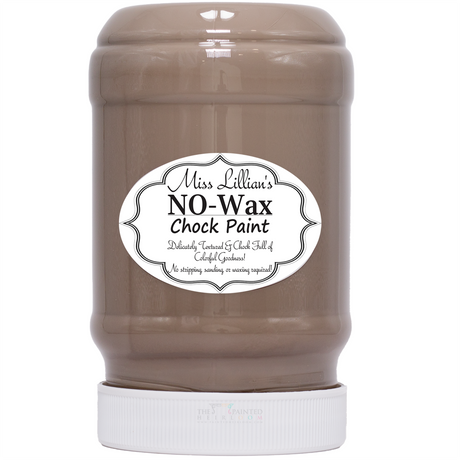 Miss Lillian’s Graystone No-Wax Chock Paint plastic tub with gray paint and white label visible.