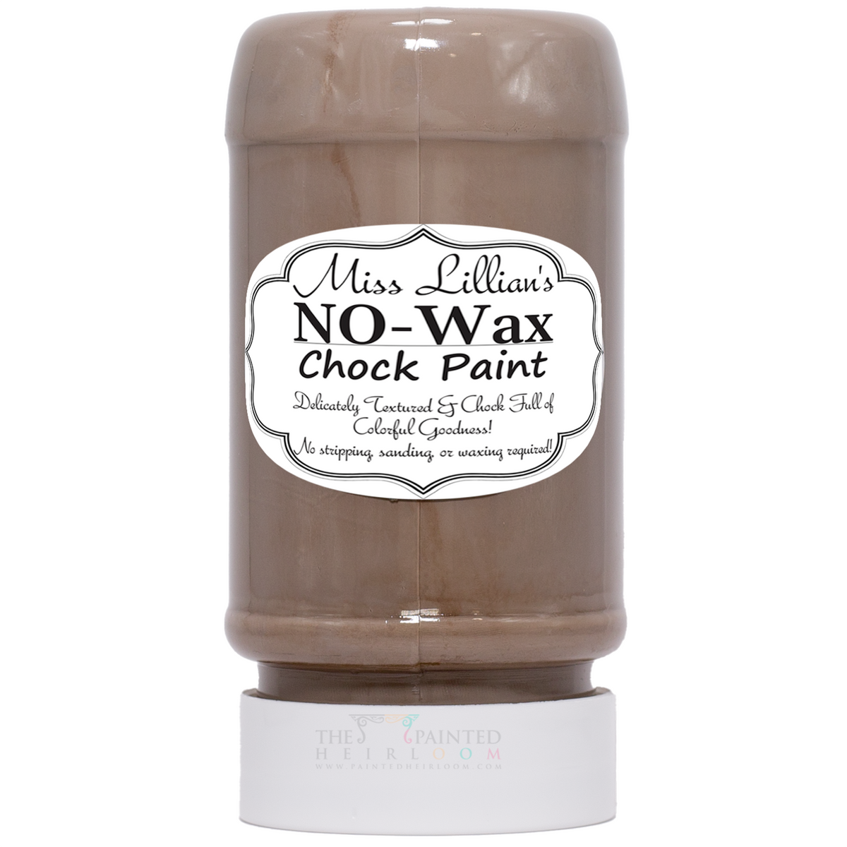 Miss Lillian’s Graystone No-Wax Chock Paint bottle upside down with white label visible.