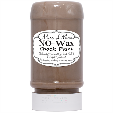 Miss Lillian’s Graystone No-Wax Chock Paint bottle upside down with white label visible.
