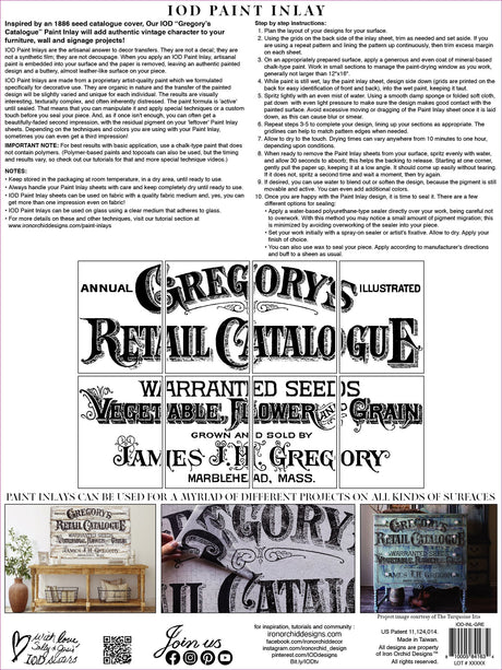 Gregory’s Catalogue Paint Inlay by I.O.D. (Iron Orchid Designs) packaging with product name and brand visible.