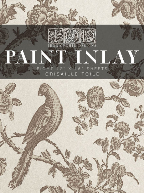 Brown bird on floral branch; Grisaille Toile Paint Inlay by I.O.D. with white and gray details.