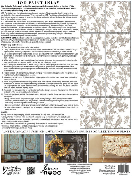 Grisaille Toile Paint Inlay by I.O.D., decorative transfer sheet for creative projects and furniture designs.