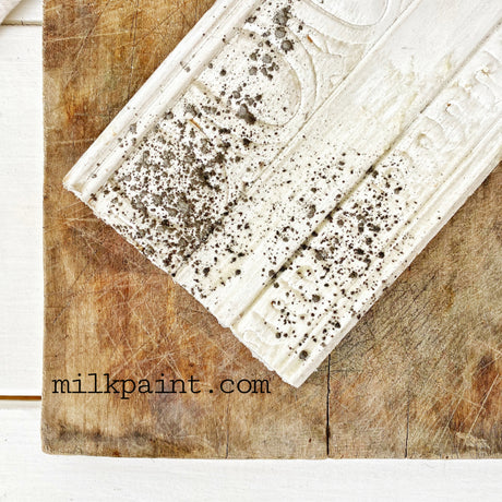 White trim with Sweet Pickins Grit Aging Dust beside Old Fashioned Milk Paint and milkpaint.com branding.