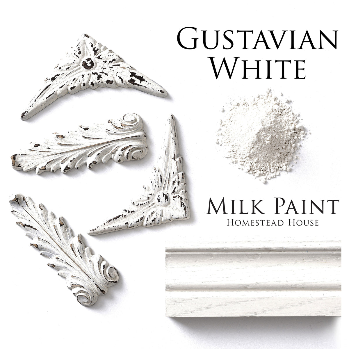Four wood ornaments and molding next to a mound of Homestead House Gustavian White Milk Paint.