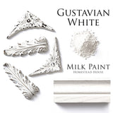 Four wood ornaments and molding next to a mound of Homestead House Gustavian White Milk Paint.