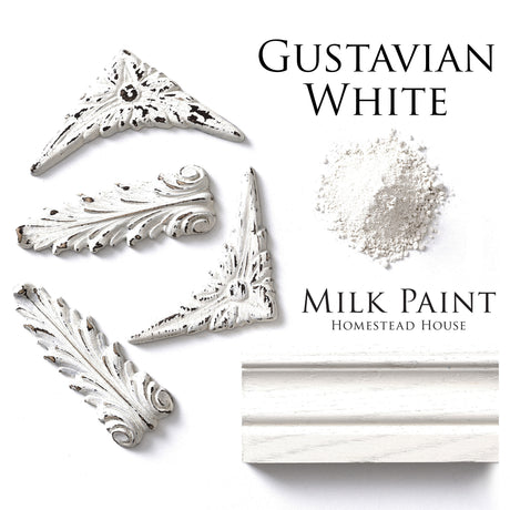 Four wood ornaments and molding next to a mound of Homestead House Gustavian White Milk Paint.