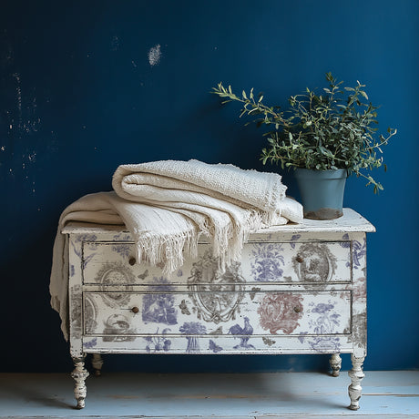 Hameau de la Reine Paint Inlay dresser by I.O.D. with cream blankets and a plant.